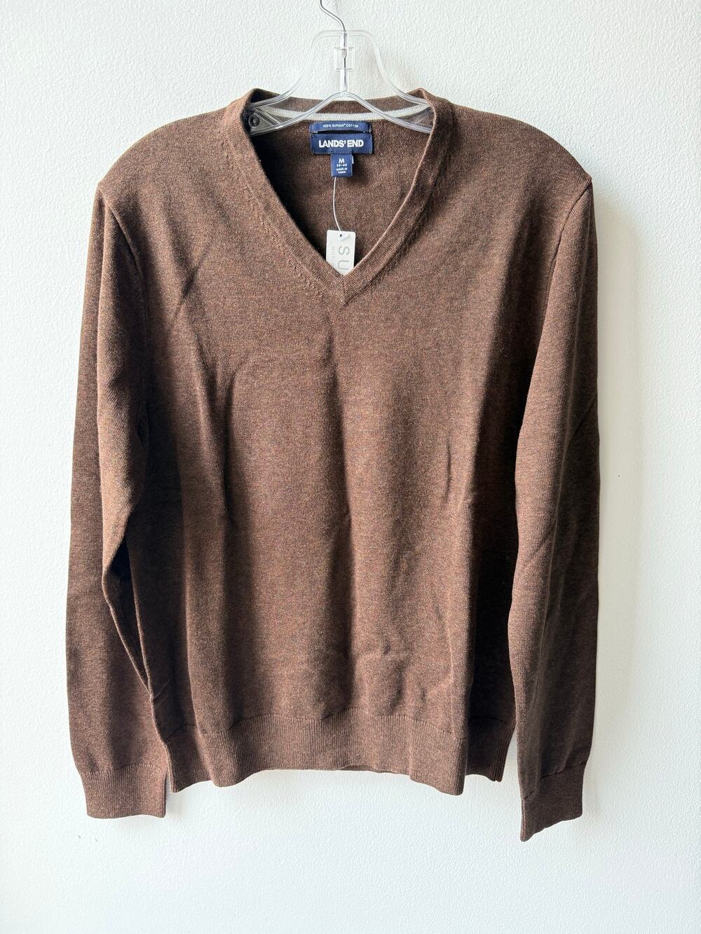 NWT Lands End Brown V-Neck Sweater Preppy Grunge Grandpa Cotton Knit Top Mens M